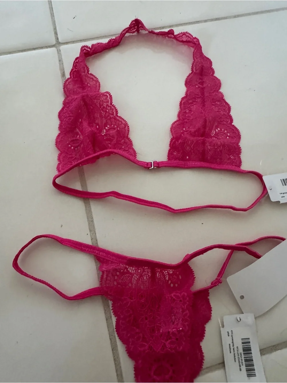 Lace Halter Bralette & Thong Set in hot pink wicked weasel